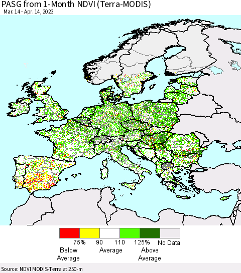 Europe PASG from 1-Month NDVI (Terra-MODIS) Thematic Map For 4/7/2023 - 4/14/2023