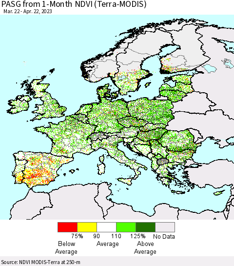 Europe PASG from 1-Month NDVI (Terra-MODIS) Thematic Map For 4/15/2023 - 4/22/2023
