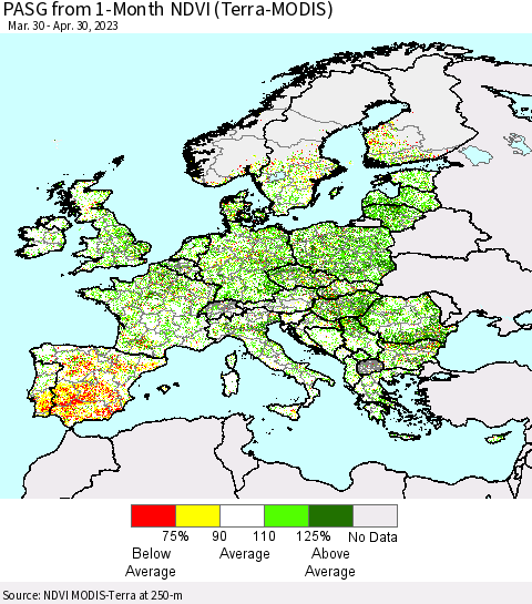 Europe PASG from 1-Month NDVI (Terra-MODIS) Thematic Map For 4/23/2023 - 4/30/2023