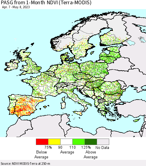 Europe PASG from 1-Month NDVI (Terra-MODIS) Thematic Map For 5/1/2023 - 5/8/2023
