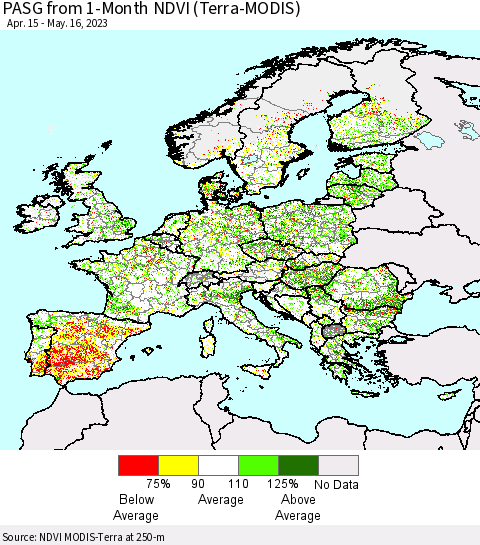 Europe PASG from 1-Month NDVI (Terra-MODIS) Thematic Map For 5/9/2023 - 5/16/2023