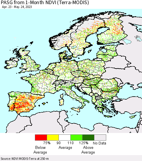 Europe PASG from 1-Month NDVI (Terra-MODIS) Thematic Map For 5/17/2023 - 5/24/2023