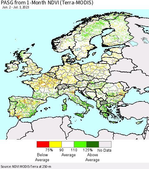 Europe PASG from 1-Month NDVI (Terra-MODIS) Thematic Map For 6/26/2023 - 7/3/2023