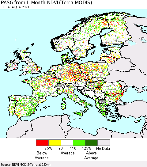 Europe PASG from 1-Month NDVI (Terra-MODIS) Thematic Map For 7/28/2023 - 8/4/2023