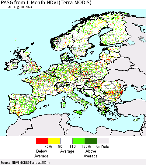 Europe PASG from 1-Month NDVI (Terra-MODIS) Thematic Map For 8/13/2023 - 8/20/2023