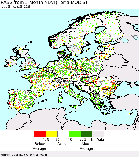 Europe PASG from 1-Month NDVI (Terra-MODIS) Thematic Map For 8/21/2023 - 8/28/2023