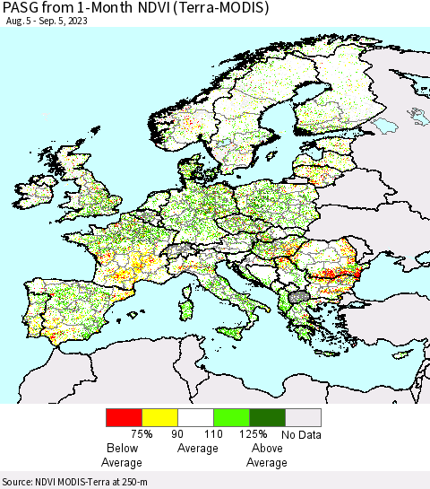 Europe PASG from 1-Month NDVI (Terra-MODIS) Thematic Map For 8/29/2023 - 9/5/2023