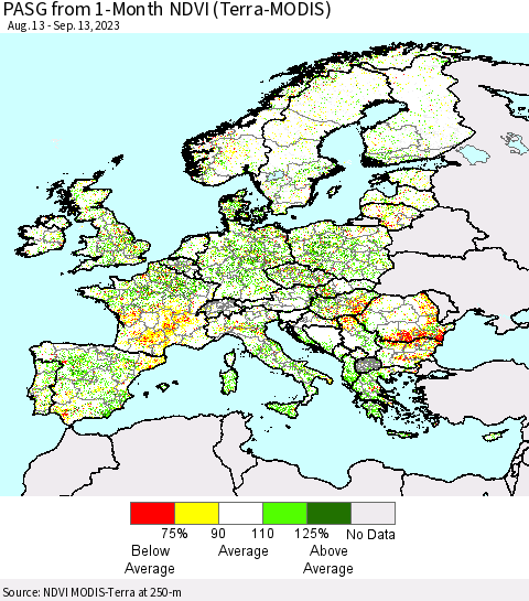 Europe PASG from 1-Month NDVI (Terra-MODIS) Thematic Map For 9/6/2023 - 9/13/2023
