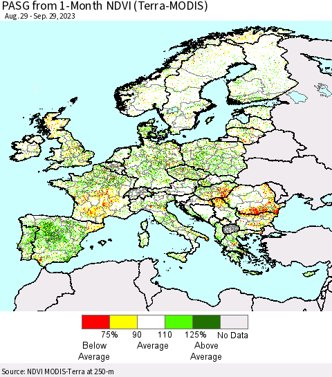 Europe PASG from 1-Month NDVI (Terra-MODIS) Thematic Map For 9/22/2023 - 9/29/2023