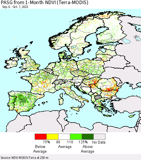 Europe PASG from 1-Month NDVI (Terra-MODIS) Thematic Map For 9/30/2023 - 10/7/2023
