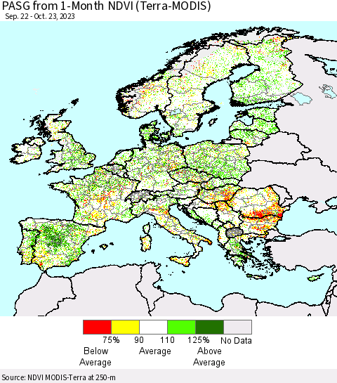 Europe PASG from 1-Month NDVI (Terra-MODIS) Thematic Map For 10/16/2023 - 10/23/2023