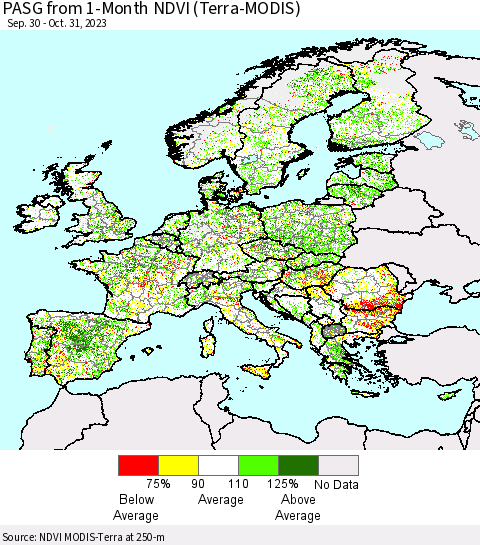 Europe PASG from 1-Month NDVI (Terra-MODIS) Thematic Map For 10/24/2023 - 10/31/2023