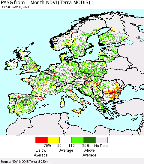 Europe PASG from 1-Month NDVI (Terra-MODIS) Thematic Map For 11/1/2023 - 11/8/2023