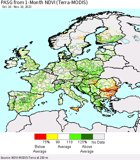 Europe PASG from 1-Month NDVI (Terra-MODIS) Thematic Map For 11/9/2023 - 11/16/2023