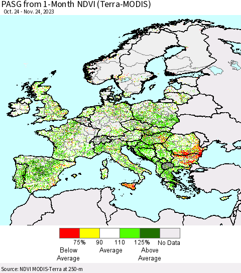 Europe PASG from 1-Month NDVI (Terra-MODIS) Thematic Map For 11/17/2023 - 11/24/2023