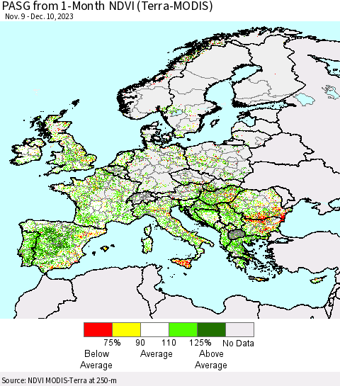 Europe PASG from 1-Month NDVI (Terra-MODIS) Thematic Map For 12/3/2023 - 12/10/2023