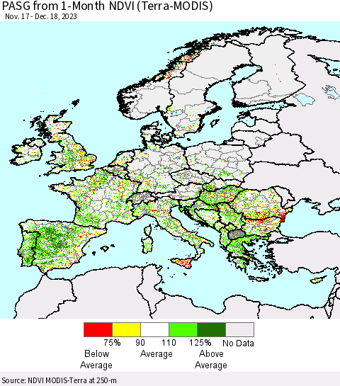 Europe PASG from 1-Month NDVI (Terra-MODIS) Thematic Map For 12/11/2023 - 12/18/2023