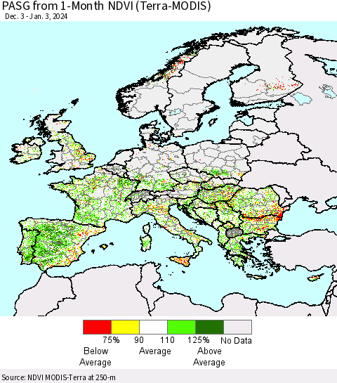 Europe PASG from 1-Month NDVI (Terra-MODIS) Thematic Map For 12/27/2023 - 1/3/2024