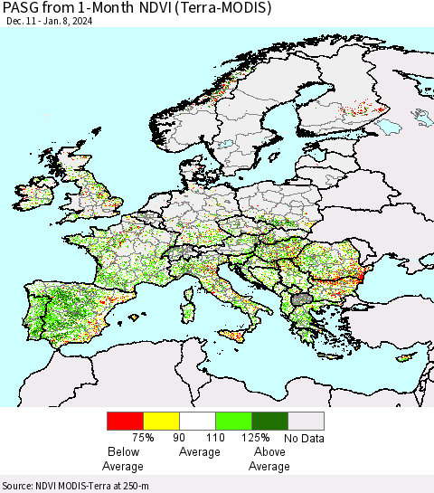 Europe PASG from 1-Month NDVI (Terra-MODIS) Thematic Map For 1/1/2024 - 1/8/2024