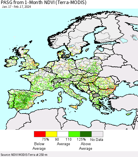 Europe PASG from 1-Month NDVI (Terra-MODIS) Thematic Map For 2/10/2024 - 2/17/2024