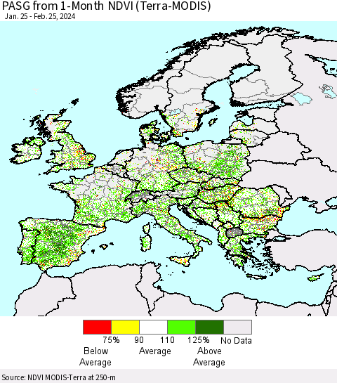 Europe PASG from 1-Month NDVI (Terra-MODIS) Thematic Map For 2/18/2024 - 2/25/2024