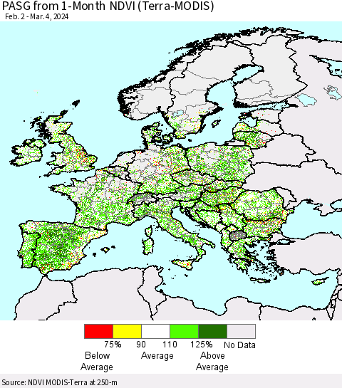 Europe PASG from 1-Month NDVI (Terra-MODIS) Thematic Map For 2/26/2024 - 3/4/2024