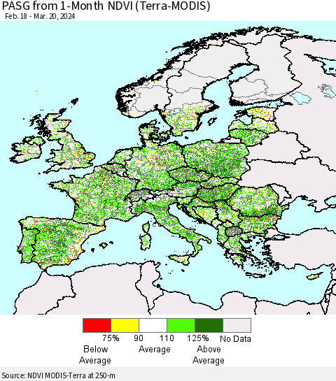 Europe PASG from 1-Month NDVI (Terra-MODIS) Thematic Map For 3/13/2024 - 3/20/2024