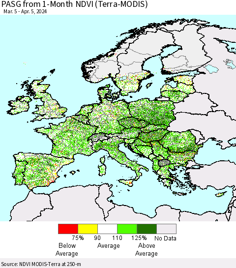Europe PASG from 1-Month NDVI (Terra-MODIS) Thematic Map For 3/29/2024 - 4/5/2024