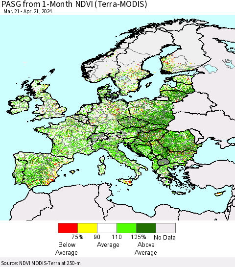 Europe PASG from 1-Month NDVI (Terra-MODIS) Thematic Map For 4/14/2024 - 4/21/2024