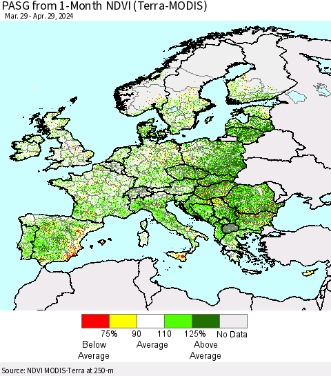 Europe PASG from 1-Month NDVI (Terra-MODIS) Thematic Map For 4/22/2024 - 4/29/2024