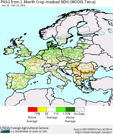Europe PASG from 1-Month Cropland NDVI (Terra-MODIS) Thematic Map For 2/21/2019 - 2/28/2019