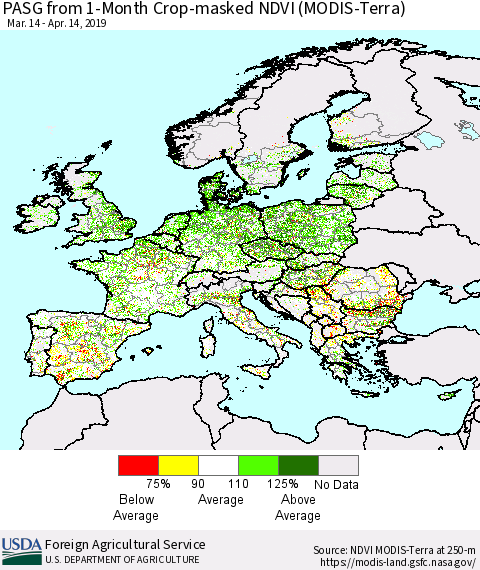 Europe PASG from 1-Month Cropland NDVI (Terra-MODIS) Thematic Map For 4/11/2019 - 4/20/2019