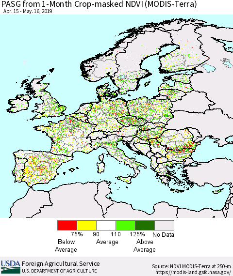 Europe PASG from 1-Month Cropland NDVI (Terra-MODIS) Thematic Map For 5/11/2019 - 5/20/2019
