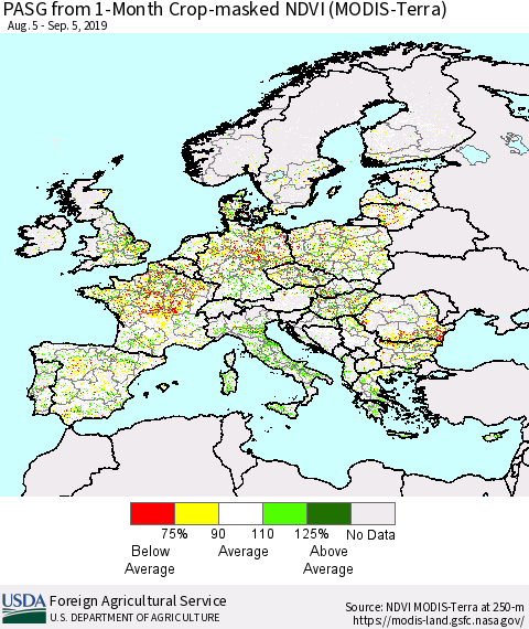 Europe PASG from 1-Month Cropland NDVI (Terra-MODIS) Thematic Map For 9/1/2019 - 9/10/2019