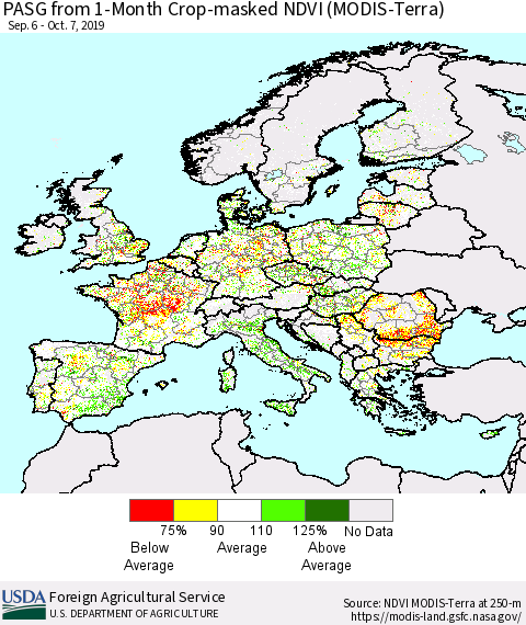 Europe PASG from 1-Month Cropland NDVI (Terra-MODIS) Thematic Map For 10/1/2019 - 10/10/2019