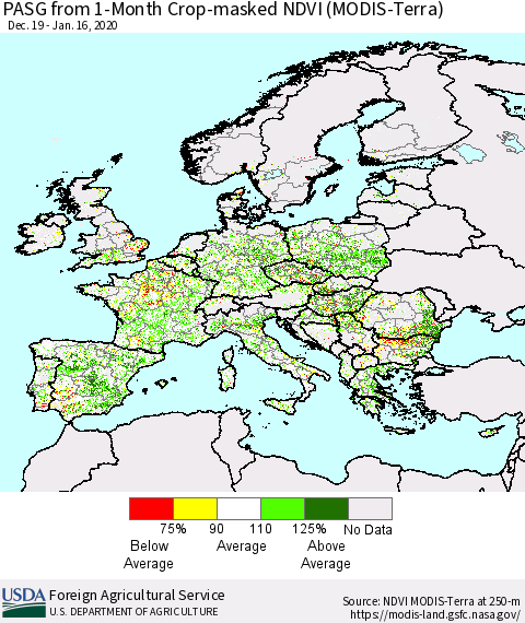 Europe PASG from 1-Month Cropland NDVI (Terra-MODIS) Thematic Map For 1/11/2020 - 1/20/2020