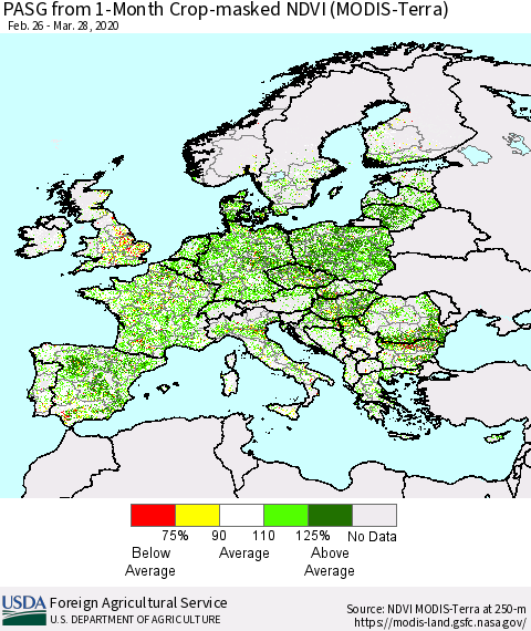 Europe PASG from 1-Month Cropland NDVI (Terra-MODIS) Thematic Map For 3/21/2020 - 3/31/2020
