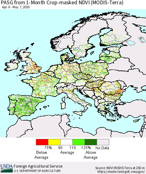 Europe PASG from 1-Month Cropland NDVI (Terra-MODIS) Thematic Map For 5/1/2020 - 5/10/2020