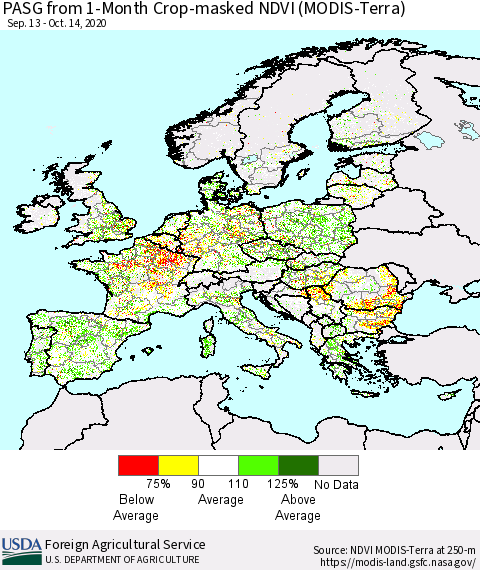 Europe PASG from 1-Month Cropland NDVI (Terra-MODIS) Thematic Map For 10/11/2020 - 10/20/2020