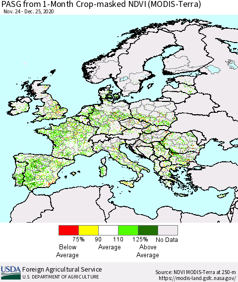 Europe PASG from 1-Month Cropland NDVI (Terra-MODIS) Thematic Map For 12/21/2020 - 12/31/2020