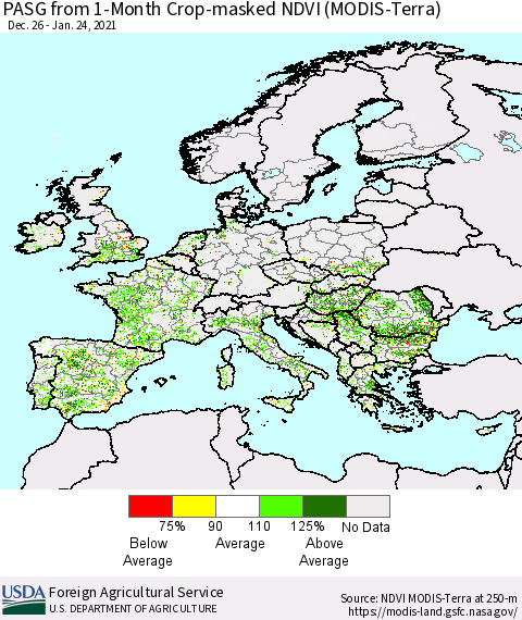 Europe PASG from 1-Month Cropland NDVI (Terra-MODIS) Thematic Map For 1/21/2021 - 1/31/2021