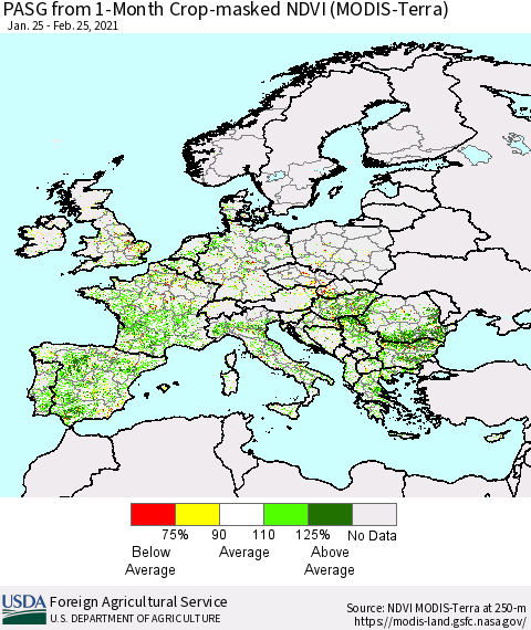 Europe PASG from 1-Month Cropland NDVI (Terra-MODIS) Thematic Map For 2/21/2021 - 2/28/2021