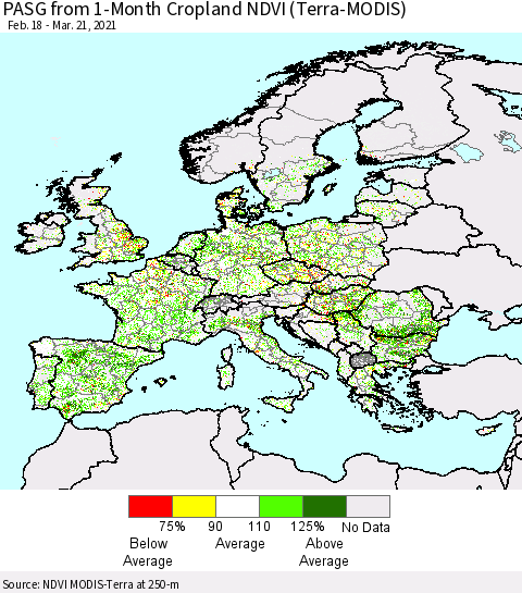 Europe PASG from 1-Month Cropland NDVI (Terra-MODIS) Thematic Map For 3/14/2021 - 3/21/2021