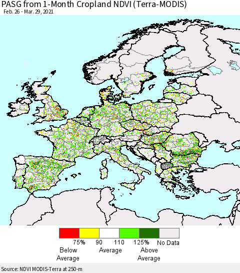 Europe PASG from 1-Month Cropland NDVI (Terra-MODIS) Thematic Map For 3/22/2021 - 3/29/2021
