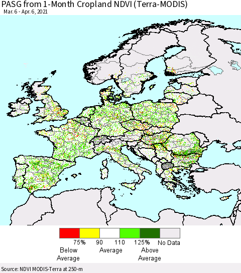 Europe PASG from 1-Month Cropland NDVI (Terra-MODIS) Thematic Map For 3/30/2021 - 4/6/2021