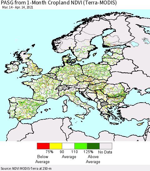 Europe PASG from 1-Month Cropland NDVI (Terra-MODIS) Thematic Map For 4/7/2021 - 4/14/2021