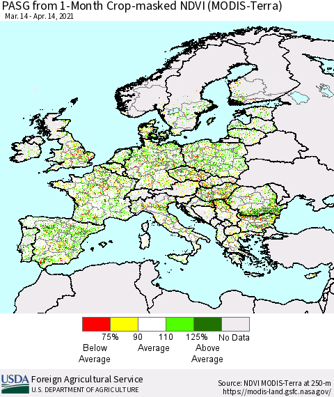 Europe PASG from 1-Month Cropland NDVI (Terra-MODIS) Thematic Map For 4/11/2021 - 4/20/2021