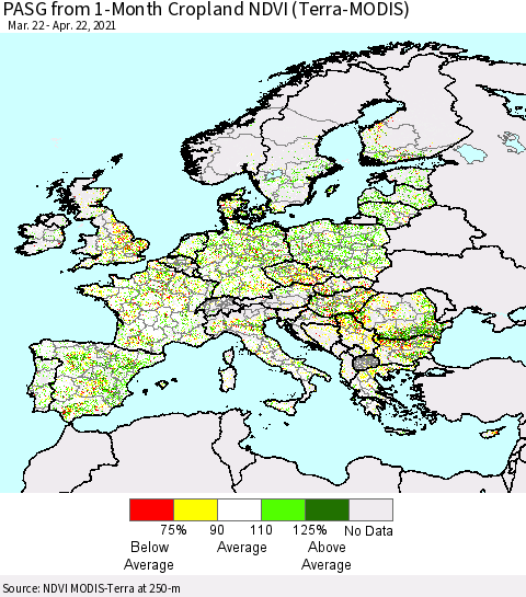 Europe PASG from 1-Month Cropland NDVI (Terra-MODIS) Thematic Map For 4/15/2021 - 4/22/2021