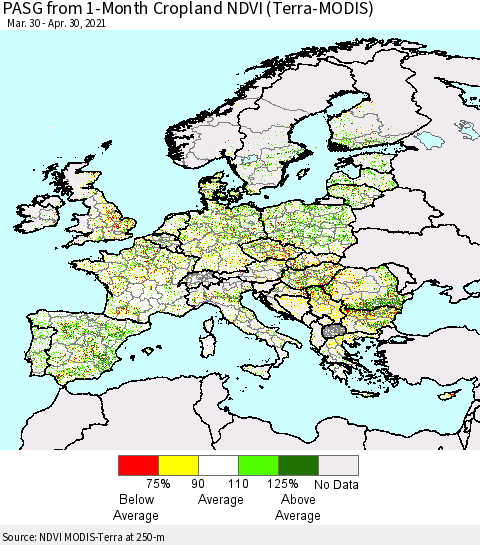 Europe PASG from 1-Month Cropland NDVI (Terra-MODIS) Thematic Map For 4/23/2021 - 4/30/2021