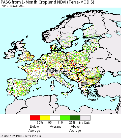 Europe PASG from 1-Month Cropland NDVI (Terra-MODIS) Thematic Map For 5/1/2021 - 5/8/2021